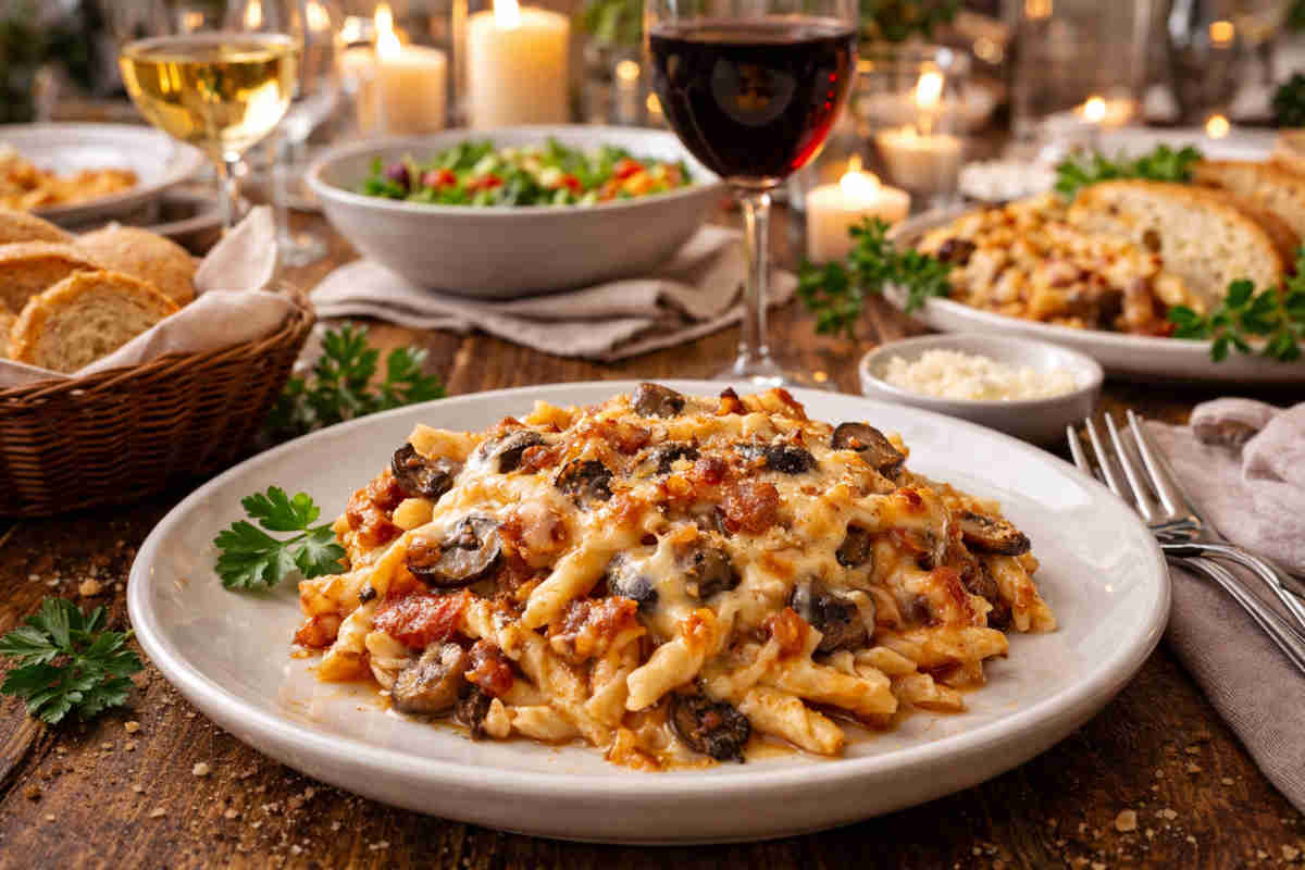 Pasta al forno funghi in piatto piano su tavola imbandita per la domenica