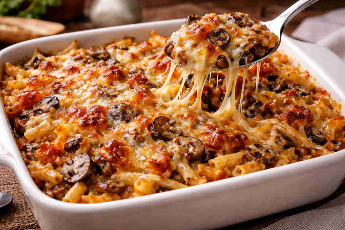 Pirofila rettangolare da forno con all'interno della pasta al forno con i funghi