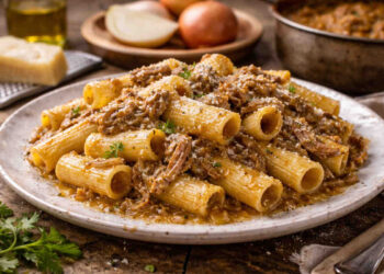Primo piano su di un bel piatto di pasta alla genovese saporita