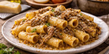 Primo piano su di un bel piatto di pasta alla genovese saporita