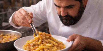 Immagine generata con AI che mostra Cannavacciuolo che cucina la sua pasta alla genovese