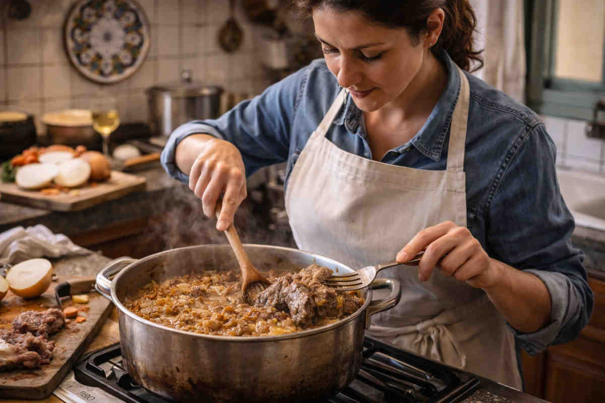 Donna giovane con capelli castani che prepara una ricetta casalinga di una pasta alla genovese saporita con cipolle e carne