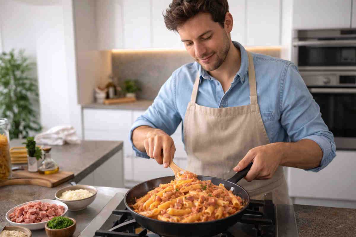 Ragazzo che prepara una pasta alla Montecarlo in una cucina moderna