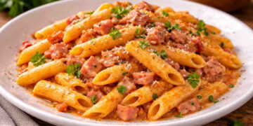 Pasta alla Montecarlo in un piatto di porcellana bianco
