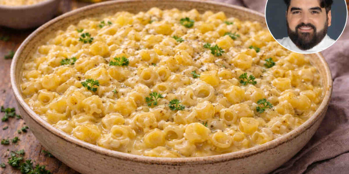 Pasta patate provola di Antonino Cannavacciuolo in una padella di acciaio