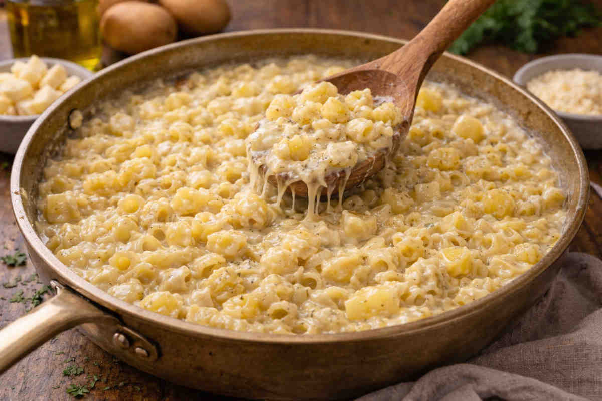 Pasta patate provola di Antonino Cannavacciuolo in una padella di acciaio