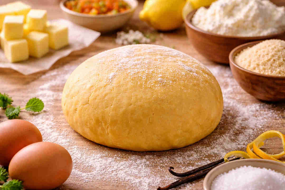 Impasto della pastiera napoletana su spianatoia di legno