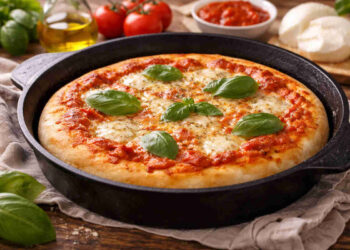 Pizza al tegamino di benedetta parodi su tavola di legno