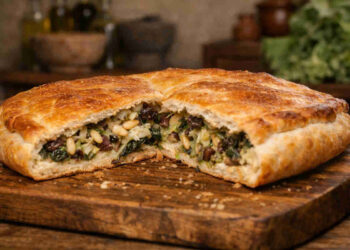 Pizza di scarole di chef Cannavacciuolo su tagliere di legno