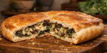 Pizza di scarole di chef Cannavacciuolo su tagliere di legno