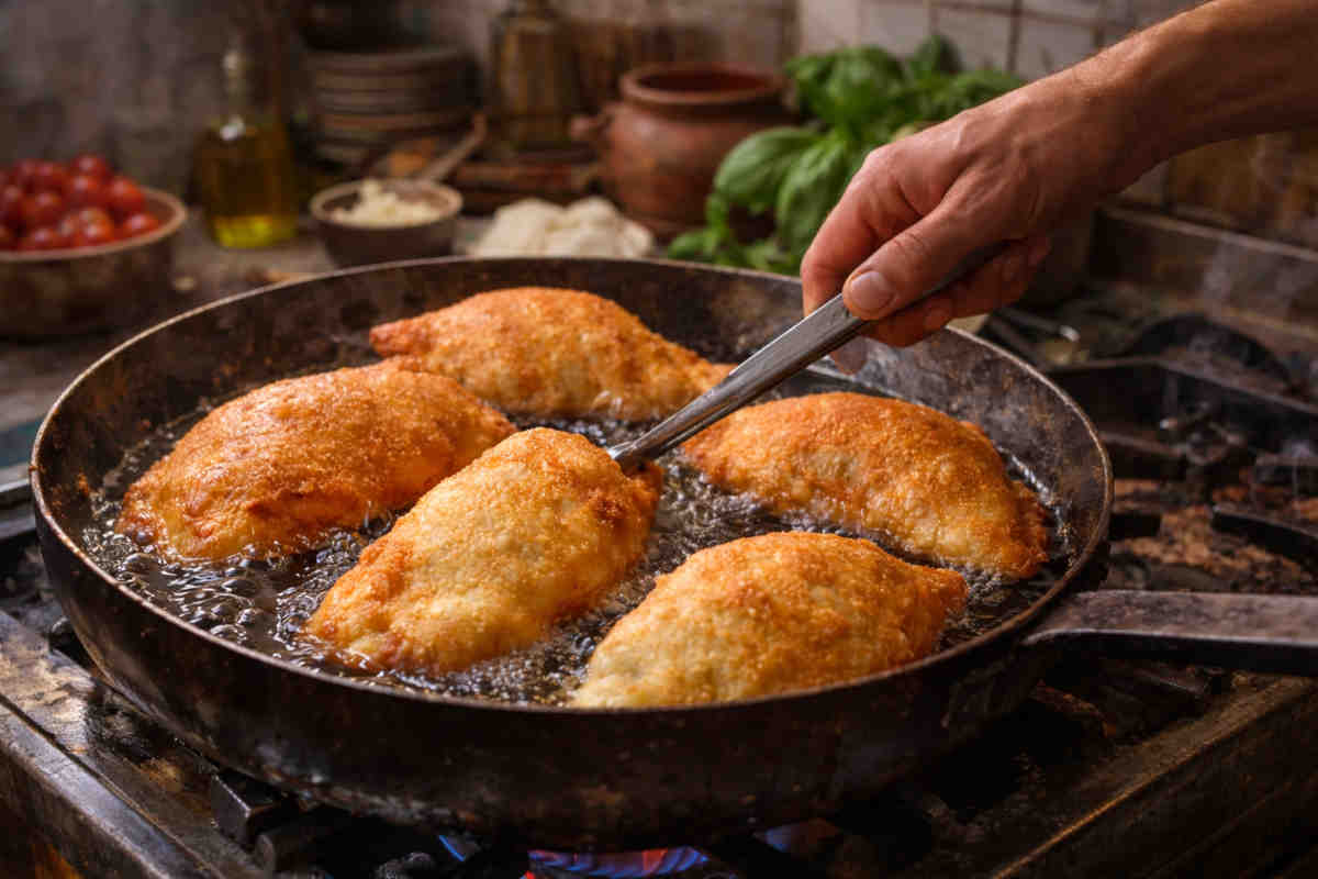 Primo piano su di una padella con all'interno della pizza fritta che sta friggendo