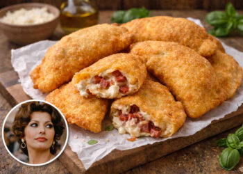 Pizza fritta napoletana con salame e ricotta e in un angolo foto di Sophia Loren