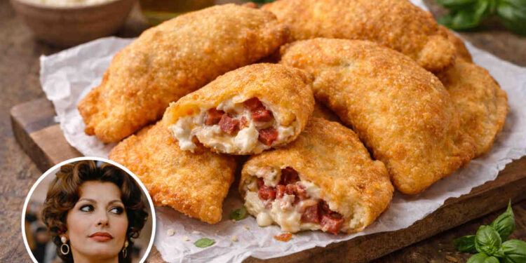 Pizza fritta napoletana con salame e ricotta e in un angolo foto di Sophia Loren