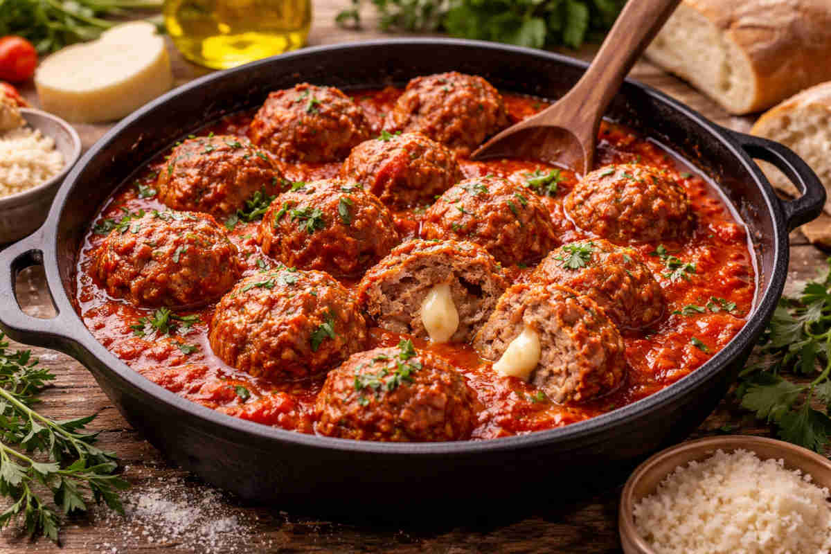 Padella con all'interno delle polpette al sugo secondo la ricetta di chef Barbieri