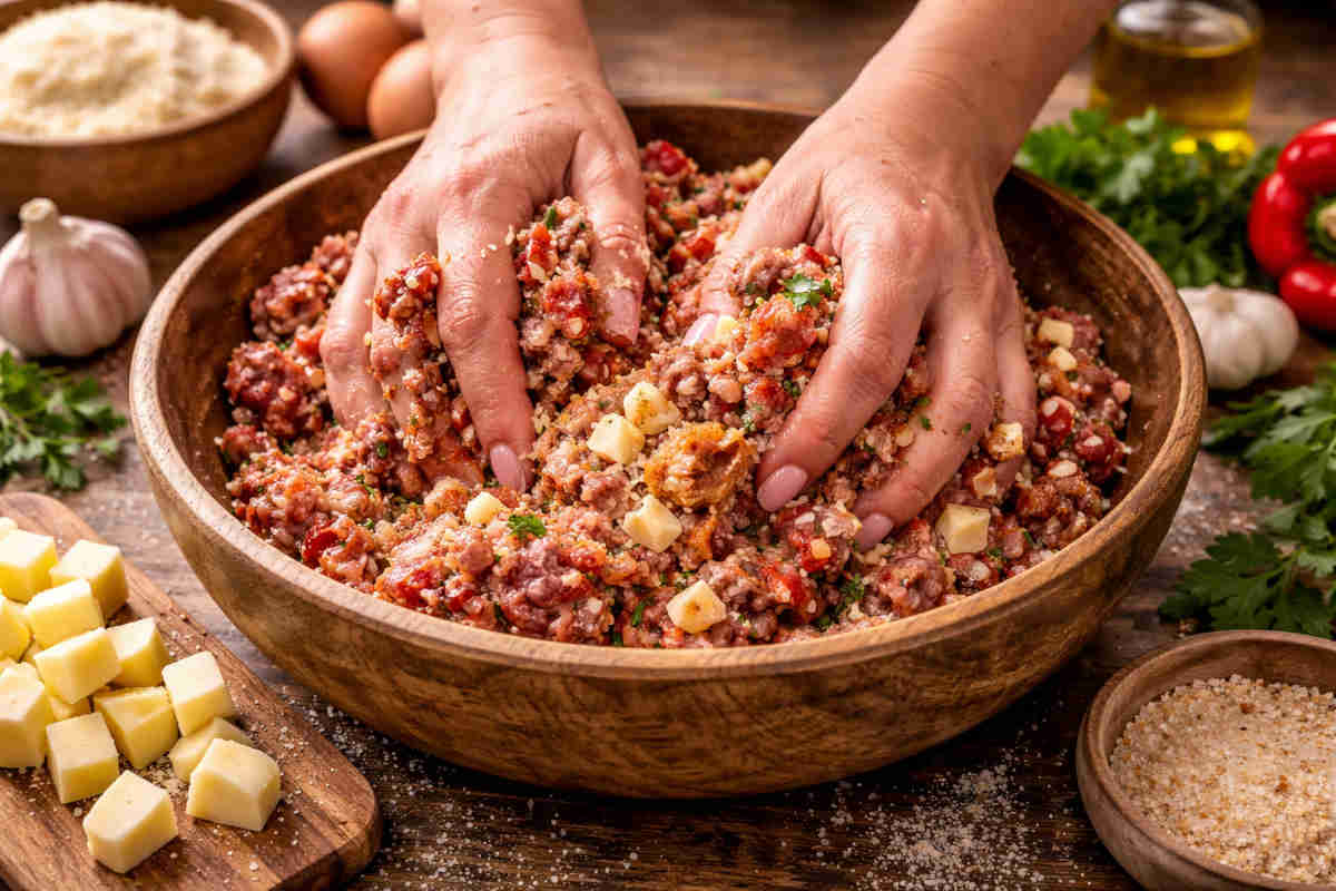 Mani femminili che impastano gli ingredienti delle polpette con scamorza