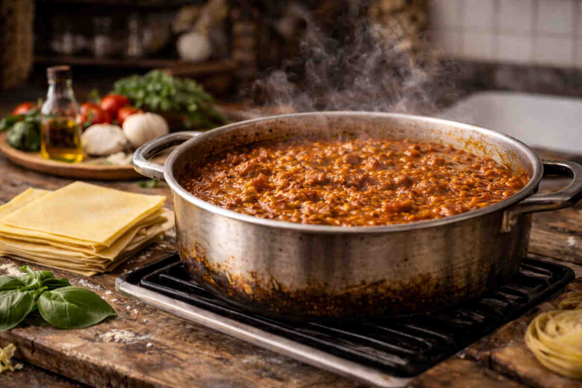 Pentola con Ragù di carne della nonna fumante