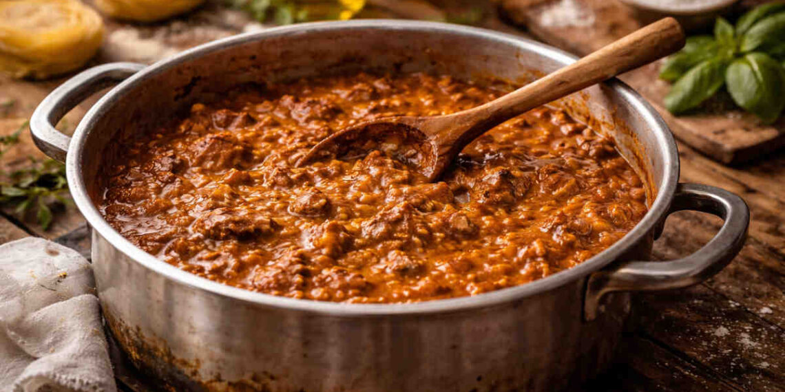 Pentola appoggiata su di un tavolo con all'interno un ragù di carne come vuole la tradizione italiana