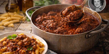 Pentola con del ragù napoletano su tavola di legno e piatto di rigatoni accanto