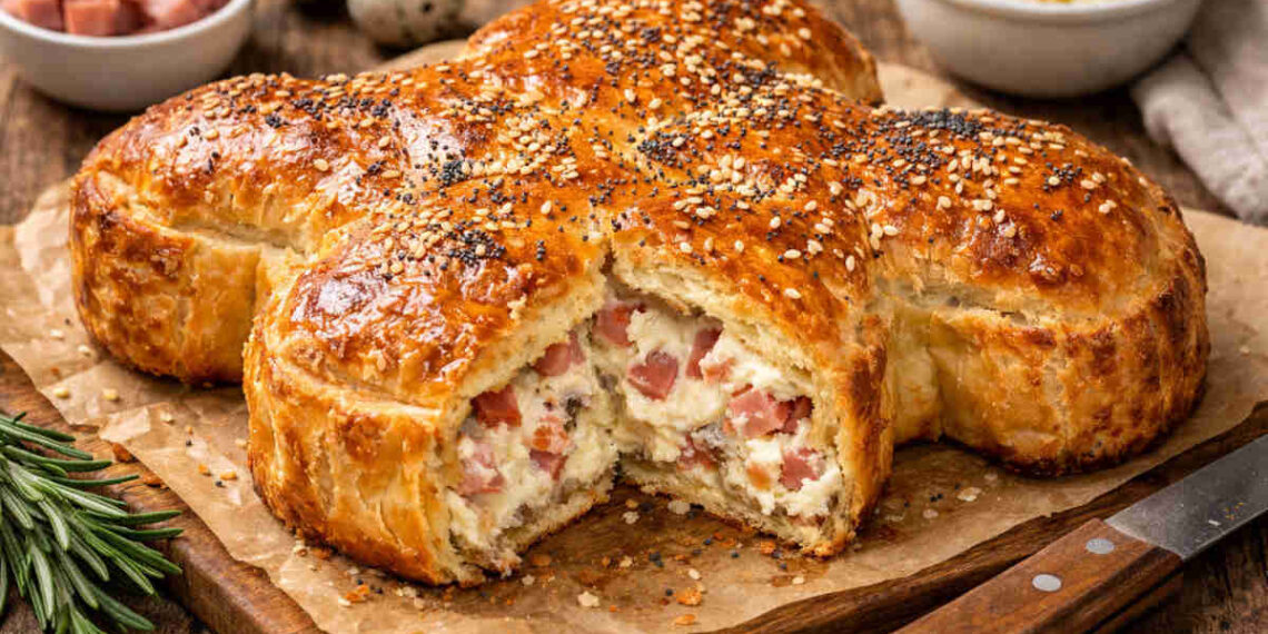 Colomba salata con salumi e formaggi su tagliere di legno