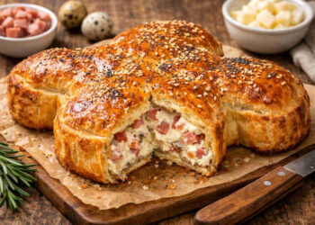 Colomba salata con salumi e formaggi su tagliere di legno