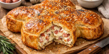 Colomba salata con salumi e formaggi su tagliere di legno