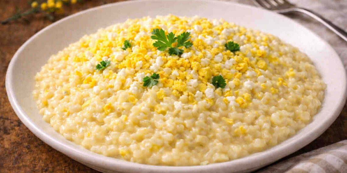 Primo piano su di un piatto di risotto mimosa
