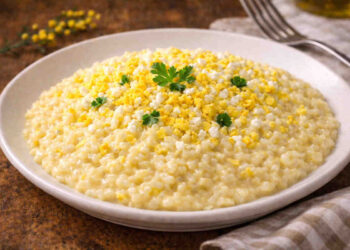 Primo piano su di un piatto di risotto mimosa