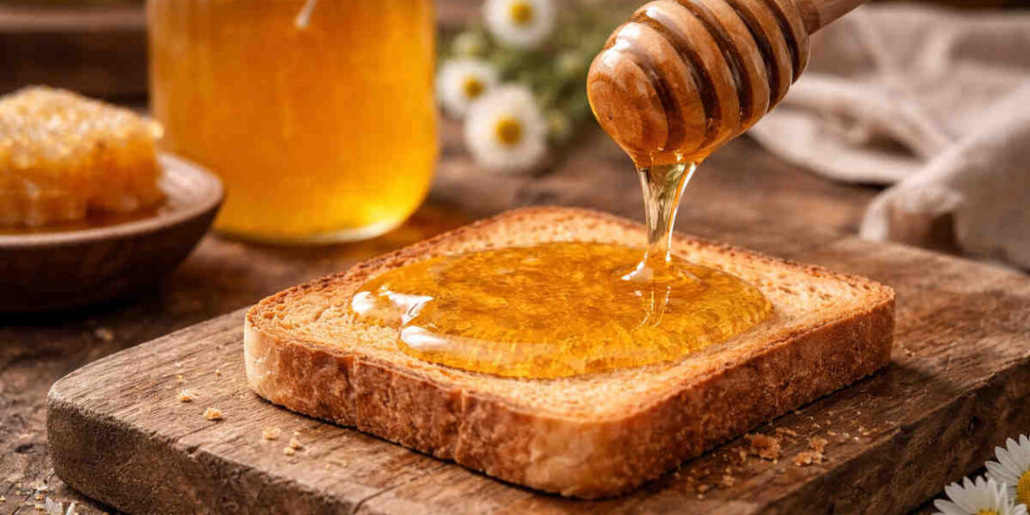 Fetta biscottata con miele che cola su tagliere di legno