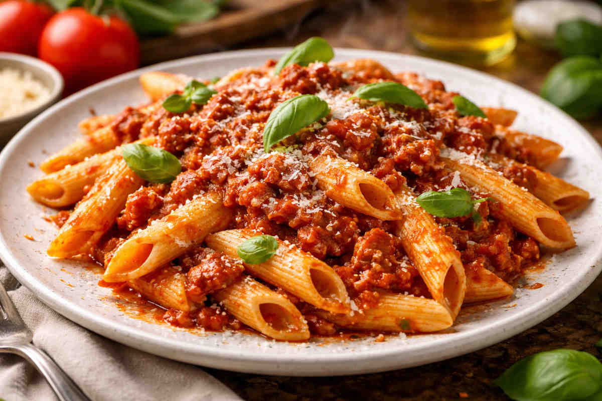 Piatto di penne condite con sugo e decorate con foglioline di basilico