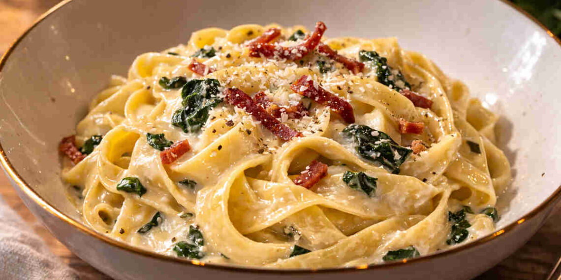 Piatto fondo con all'interno delle tagliatelle con spinaci, panna e speck