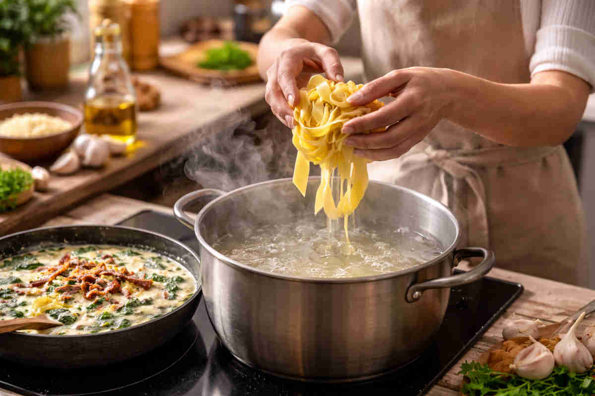 Ragazza che butta la pasta in una pentola di acqua bollente