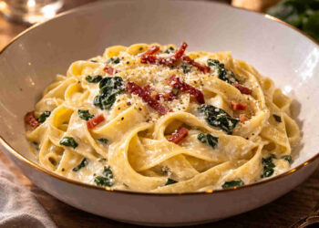 Piatto fondo con all'interno delle tagliatelle con spinaci, panna e speck