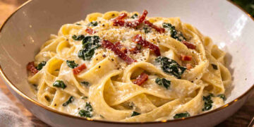 Piatto fondo con all'interno delle tagliatelle con spinaci, panna e speck