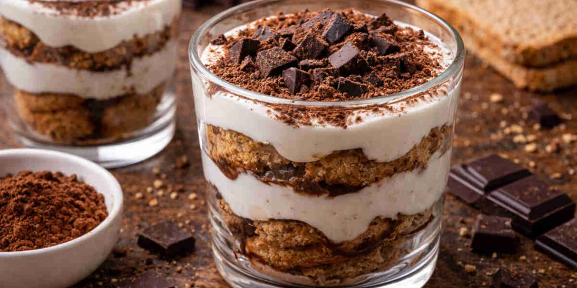 Tiramisu fit cioccolato in bicchiere di vetro