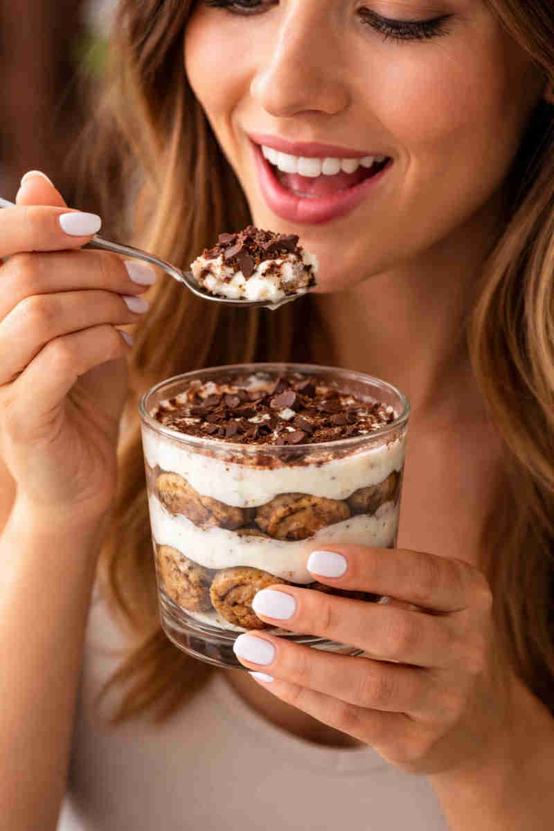 Ragazza che assaggia un tiramisu fit cioccolato