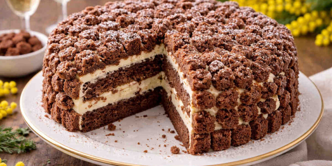 Torta mimosa cioccolato su piatto da portata con fiori di mimosa sullo sfondo