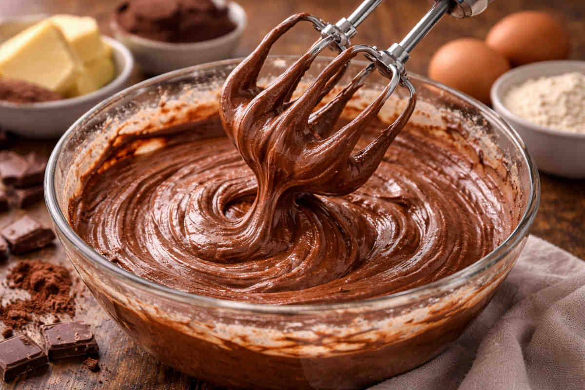 Impasto per una torta mimosa al cioccolato in una ciotola di vetro