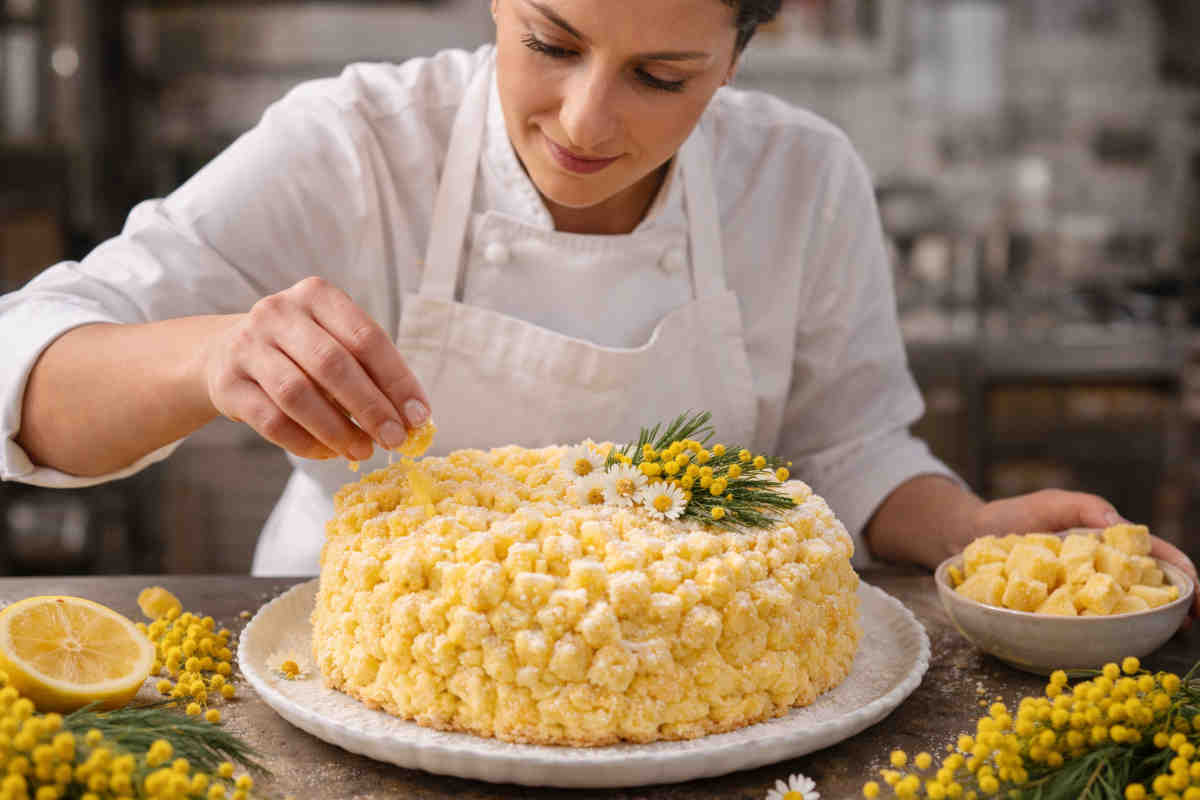 Pasticcera che decora una torta mimosa su tavolo di legno