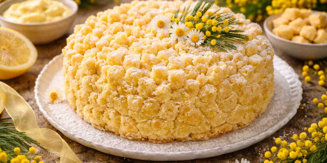 Primo piano di un piatto da portata su tavolo di legno con sopra una torta mimosa molto scenografica