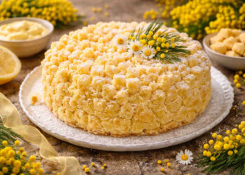 Primo piano di un piatto da portata su tavolo di legno con sopra una torta mimosa molto scenografica