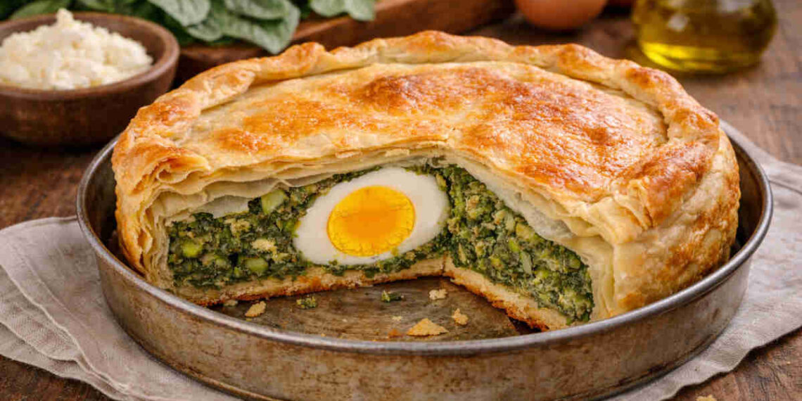 Torta pasqualina in teglia rotonda da forno appoggiata su un tavolo di legno