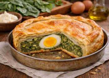 Torta pasqualina in teglia rotonda da forno appoggiata su un tavolo di legno