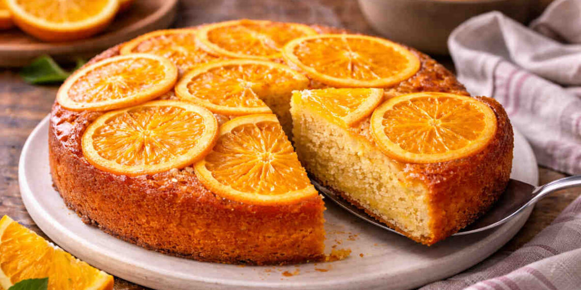 Torta rovesciata arancia servita su piatto da portata