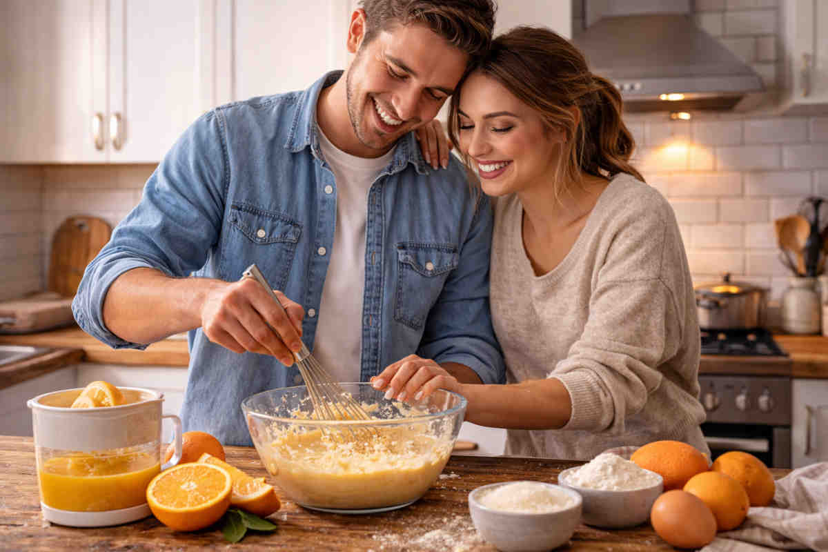 Coppia di fidanzati che prepara una torta rovesciata all'arancia in una cucina moderna