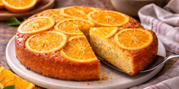 Torta rovesciata arancia servita su piatto da portata