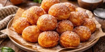 Tortelli di San Giuseppe su piatto da portata in cucina rustica