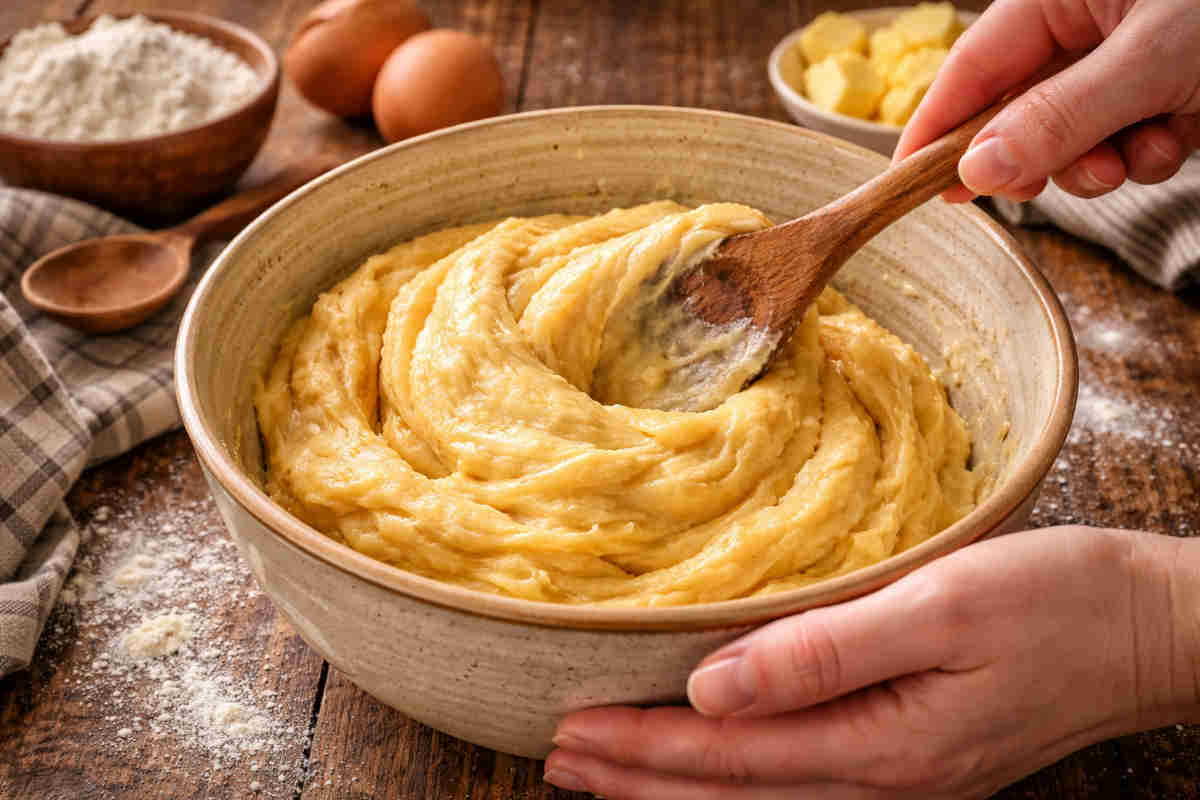 Mani femminili che preparano l'impasto dei tortelli di san giuseppe