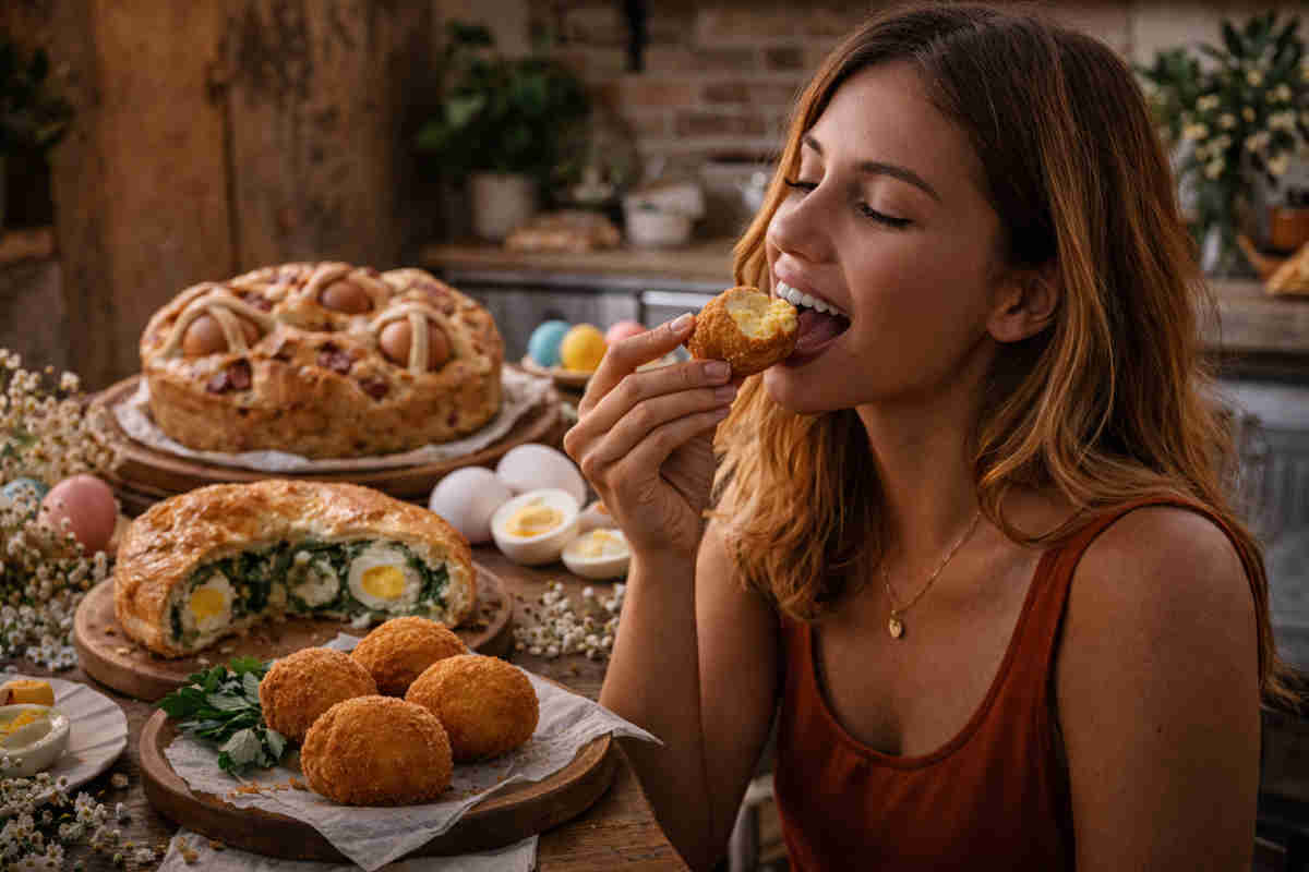 Ragazza che mangia delle uova alla monachina appena fritte