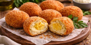 Uova alla monachina su tagliere di legno