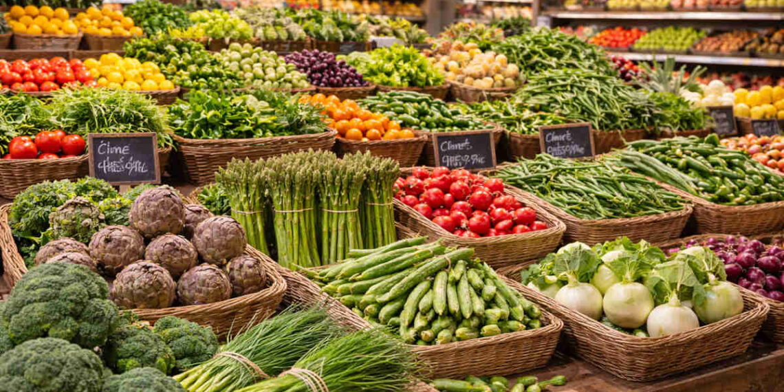 Reparto ortofrutta di un supermercato con verdure primaverili in mostra